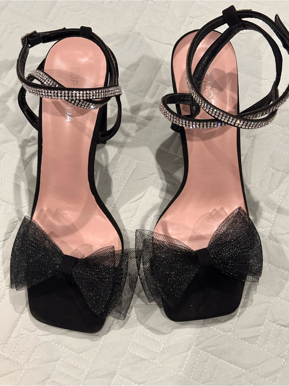 TOP Moda Black Bow Ankle-Strap Heels with Pink Insole and Crystal Straps